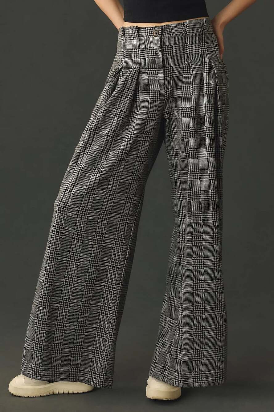 Anthropologie Maeve The Avery Pleated Wide Leg Plaid Houndstooth Trousers